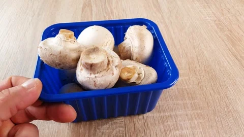 Packaging of fresh, natural champignons. White champignons, mushrooms, harvest. Stock Footage 315236138