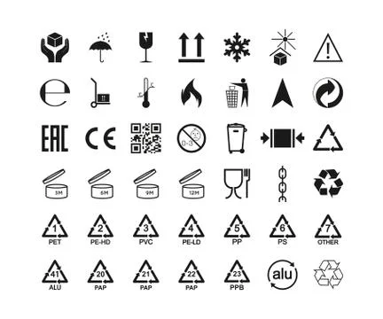 Packaging icons, package signs set. Vector illustration, flat design. Stock Illustration