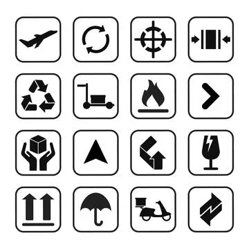 Packaging icons symbol in flat style. Black signs on the package. Vector Stock Illustration