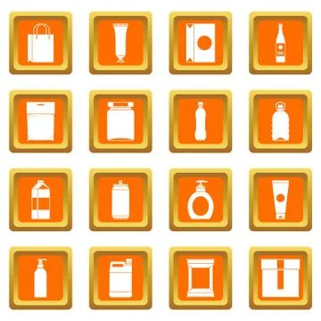 Packaging items icons set orange Stock Illustration