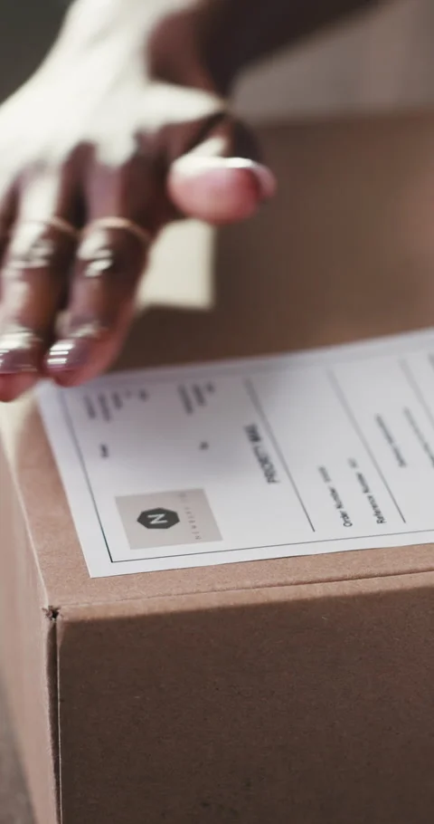 Packaging, label or hands with box for supply chain, priority shipping or Stock Footage 332324290