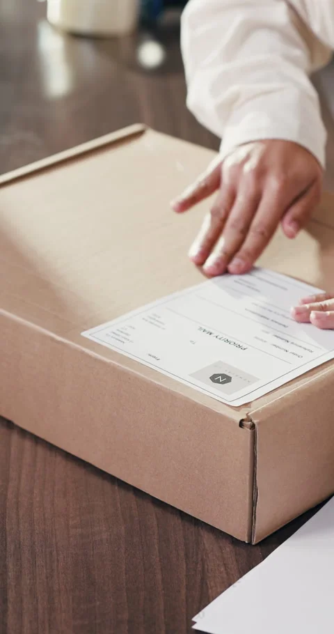 Packaging, label or hands with box in office, priority shipping or mailing Stock Footage 332324349