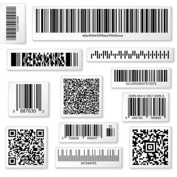 Packaging labels, bar and QR codes on white vector stickers Stock Illustration