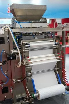 Packaging machine assembly line equipment in food factory Fotos de archivo