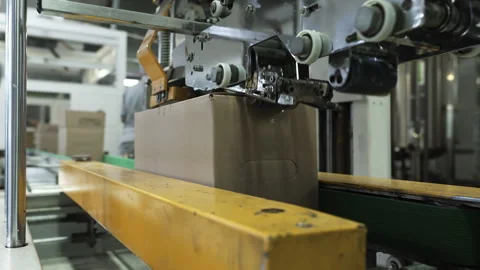 A Packaging machine that is Sealing Multiple Cardboard boxes at Production Stock Footage 272227531