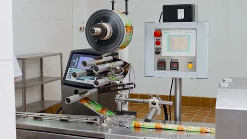 Packaging machine at workshop of food factory Process of packaging candy in foil Stock Footage 138589227