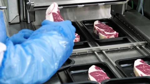 Packaging of meat pieces of fresh beef in a container Stock-Footage 138199032