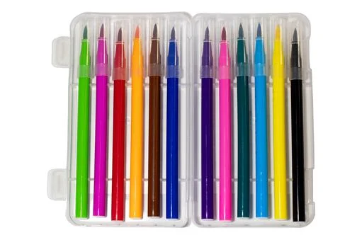 Packaging with multi-colored markers on a white isolated background Stock Photos