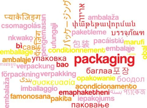 Packaging multilanguage wordcloud background concept Stock Illustration