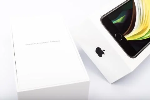 Packaging of the new iPhone SE 2020 from Apple Stock Photos
