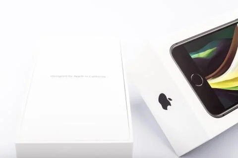 Packaging of the new iPhone SE 2020 from Apple Stock Photos