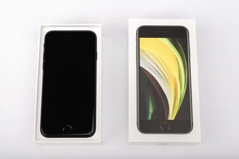 Packaging of the new iPhone SE 2020 from Apple Stock Photos