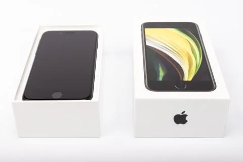 Packaging of the new iPhone SE 2020 from Apple Stock Photos