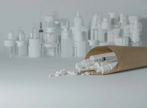 Packaging with an order against the background of many medicines. Stock Photos