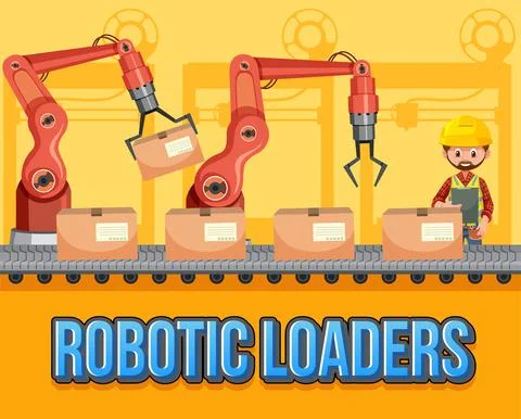 Packaging process concept with robotic loaders Stock Illustration