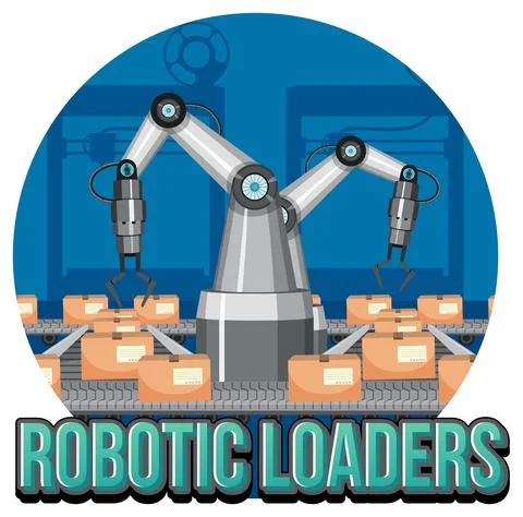 Packaging process concept with robotic loaders Stock Illustration