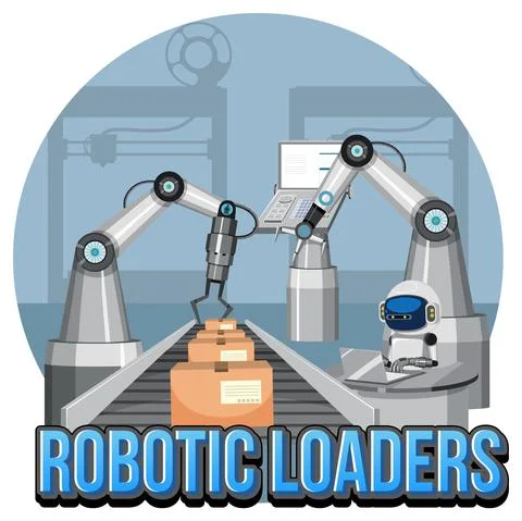 Packaging process concept with robotic loaders Stock Illustration