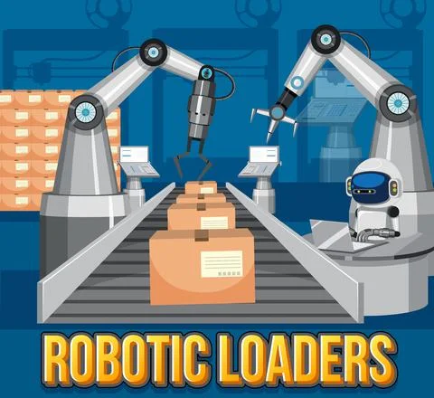 Packaging process concept with robotic loaders Stock Illustration