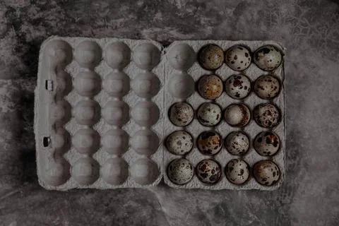 Packaging with quail eggs on a gray background Foto stock