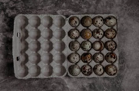 Packaging with quail eggs on a gray background Stock Photos