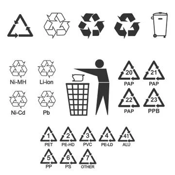 Packaging recycling icons set. Vector illustration, flat design. Stock Illustration