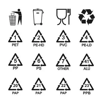 Packaging recycling icons set. Vector illustration, flat design. Stock Illustration