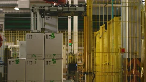 Packaging robots stow boxes on palletes. Vídeos de archivo 130733179