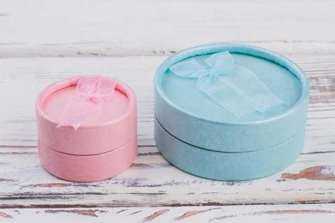 Packaging round cylinder shape boxes. Stock Photos