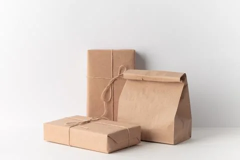 Packaging set of craft boxes and a paper bag Stock Photos