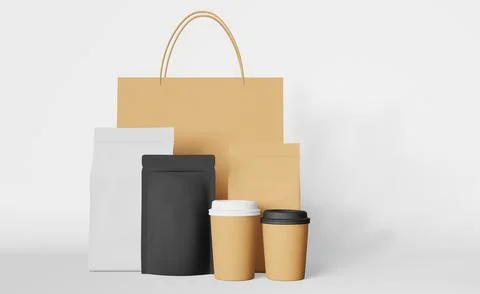 Packaging set paper shopping bag black pouch bags coffee cup mockup 3D rend.. Illustrazione stock