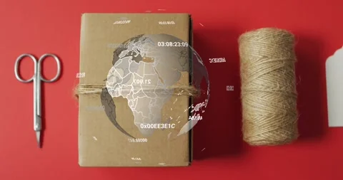 Packaging setup showing scissors box spool gift tag while digital globe fading, 스톡 동영상 328642772