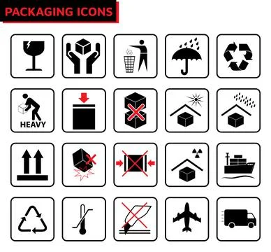 Packaging sign symbols vector icon set in black and red color Stock Illustration