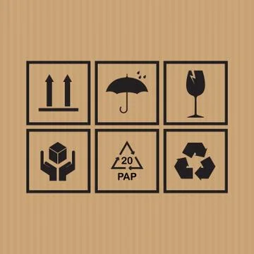Packaging symbols set on cardboard background Stock Illustration