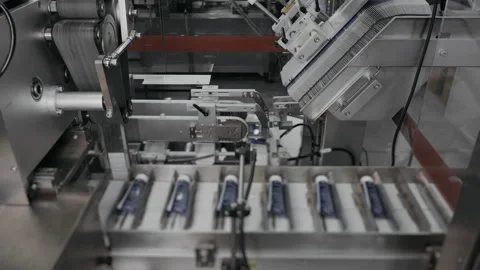 Packaging of tubes with cream in cardboard boxes at a cosmetics factory. Stock Footage 306579434