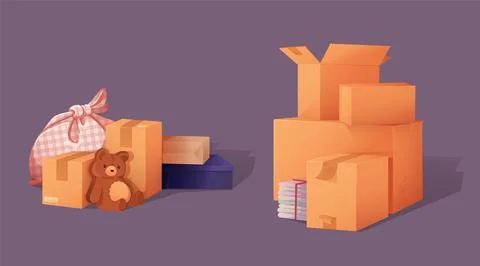 Packed cardboard boxes set isolated on black Illustrazione stock