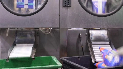 Packed dairy products at automatic line Video stock 70839057