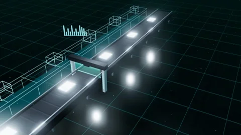 Packed Devices Passing A Scan Arch As Their Wireframe Twins Run Ahead From Stock Footage 344640084