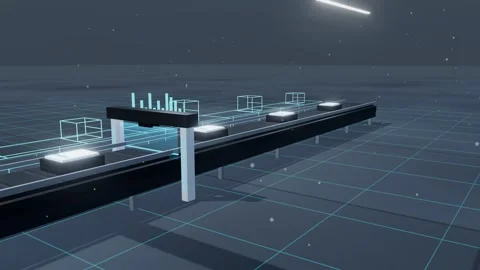 Packed Devices Passing A Scan Arch As Their Wireframe Twins Run Ahead From The Stock Footage 344640126