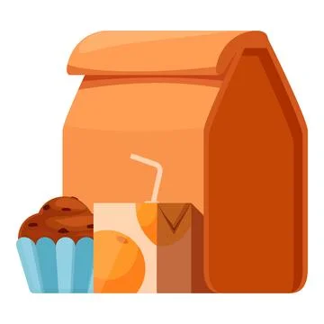 Packed lunch with muffin and orange juice in front of brown paper bag イラスト素材