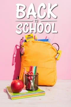 Packed school backpack notebooks pen Stock Photos