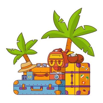 Packed suitcases palm trees and backpacks. Summer vacation in a tropical reso Stock Illustration