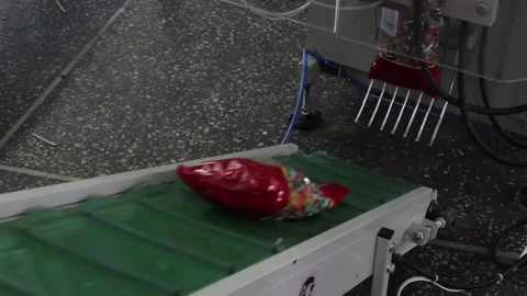 Packed in transparent bags, the candy falls on the conveyor belt. Stock Footage 128643233