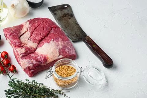 Packer brisket, raw beef brisket meat,with ingredients for smoking making bar Stock Photos