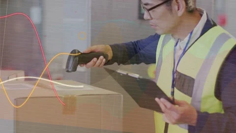 Packer raising scanner, scanning barcode and confirming dispatch while overlays Stock Footage 333631871