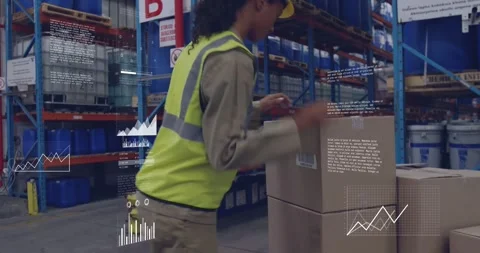 Packer scanning box labels using scanner, causing data charts and stacking boxes Stock Footage 331872849