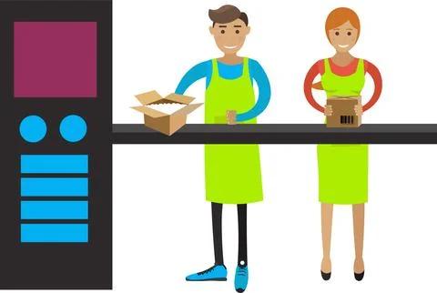 Packers working on conveyor line vector icon isolated on white Stock Illustration