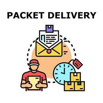 Packet delivery process with courier and packages Illustrazione stock