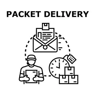 Packet delivery process with courier and packages Stock Illustration