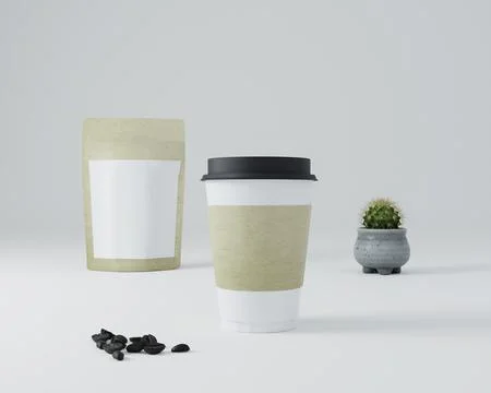 A packet used for coffee with coffee cups. Stock Photos