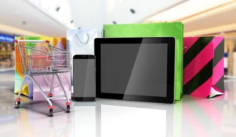 Packets next to the phone and tablet on glass flor 3d render Stock Illustration